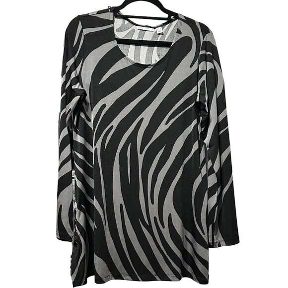 Susan Graver sz M gray black zebra print button hem accent long sleeve tunic top - Picture 1 of 7